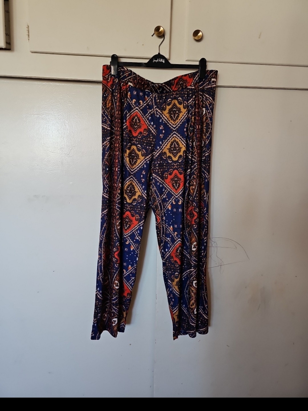 Pink Clove Navy Wide-Leg Pants with Red & Mustard Accents